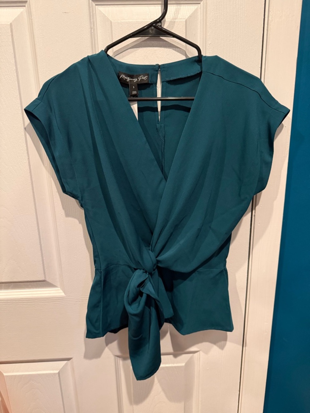 Teal Tie-Front V-Neck Blouse